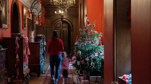 Exploring the house at Christmas Lyme, Cheshire